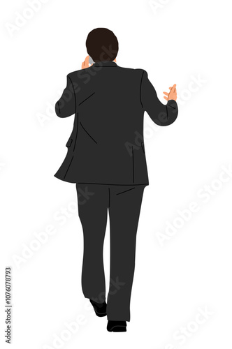 Businessman walking rear view talking by mobile phone. Vector illustration isolated on transparent background