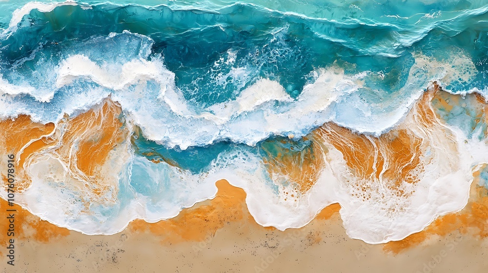Abstract painting of an ocean wave breaking on a sandy beach, viewed from above. Abstract painting of an ocean wave breaking on a sandy beach, viewed from above.