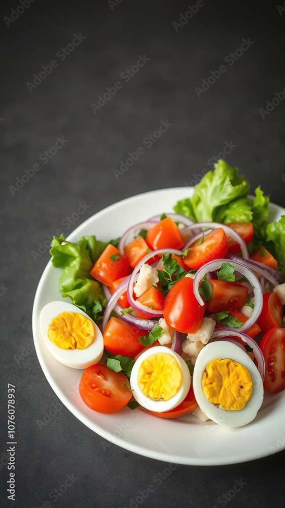 Fresh and colorful tomato lettuce onion and boiled egg salad on a white plate, healthy, white, fresh Fresh and colorful tomato lettuce onion and boiled egg salad on a white plate, healthy, white, fresh