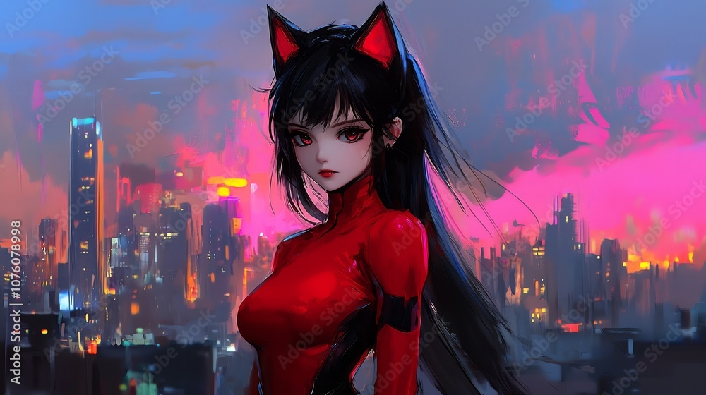 Anime Girl in Red Outfit with Cat Ears Stands Against Futuristic City Skyline at Dusk Anime Girl in Red Outfit with Cat Ears Stands Against Futuristic City Skyline at Dusk