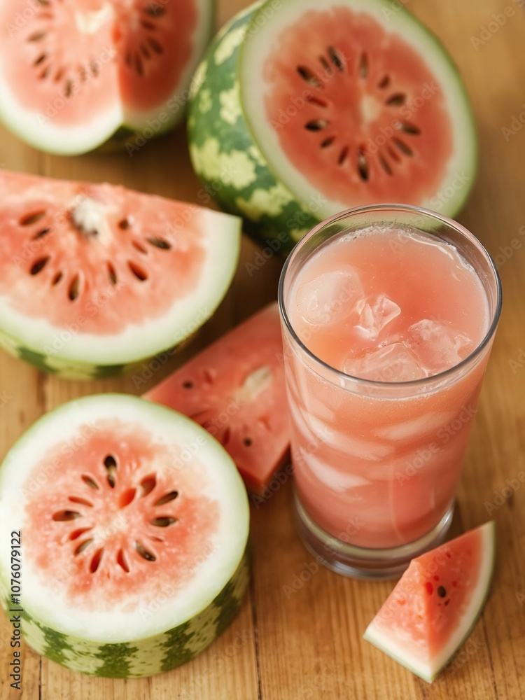 Freshly cut watermelon and a glass of refreshing watermelon juice on a wooden table, watermelon, wooden, glass Freshly cut watermelon and a glass of refreshing watermelon juice on a wooden table, watermelon, wooden, glass