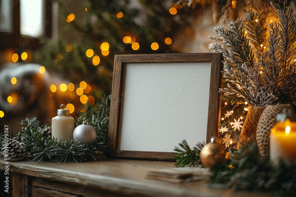 A dark wood horizontal frame with an empty white canvas on a beige table, delicate Christmas decorations like miniature snowflakes, christmas ornaments