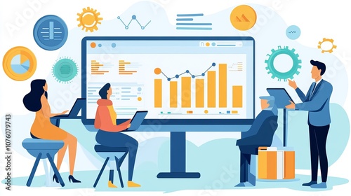 A business professional presenting data and graphs on a screen to attentive colleagues, emphasizing productivity, analytics, and strategic planning in a collaborative environment.