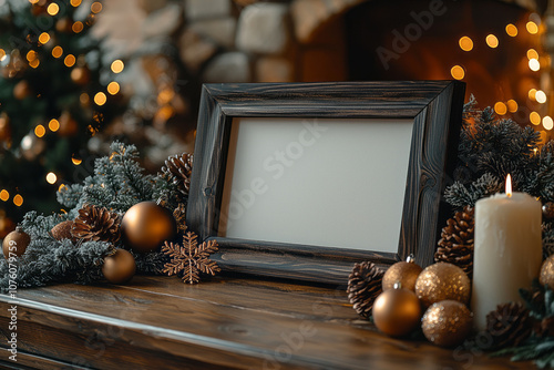 A dark wood horizontal frame with an empty white canvas on a beige table, delicate Christmas decorations like miniature snowflakes, christmas ornaments