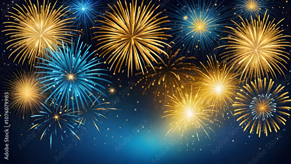 Naklejka premium New year celebration fireworks on dark blue background, New year 2025 eve party.