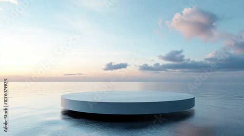 3D rendering of a podium elevated above still ocean waters, with a clear sky and gentle lighting for an ethereal effect.