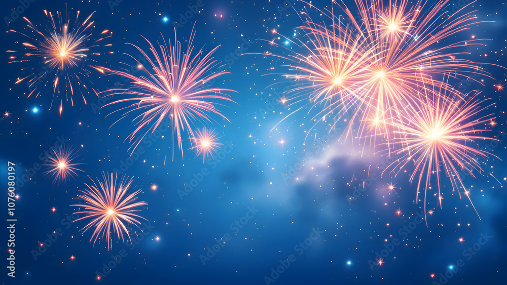 Naklejka premium New year celebration fireworks on dark blue background, New year 2025 eve party.