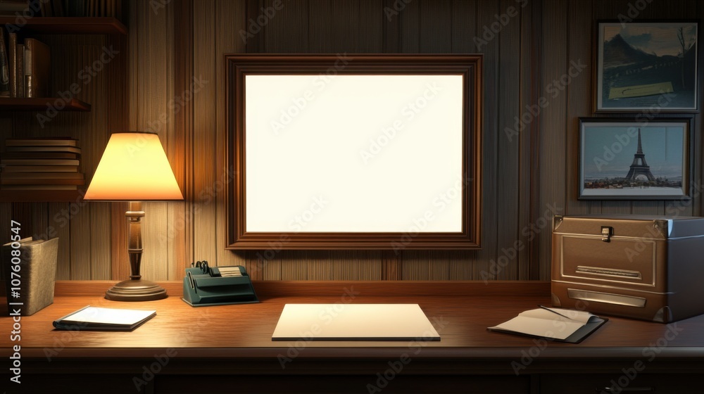 Minimalist Office Desk with Warm Light and Blank Frame Minimalist Office Desk with Warm Light and Blank Frame