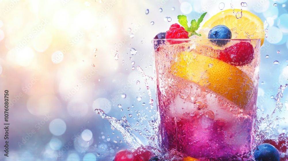 A colorful cocktail with lemon and berries, droplets of water and bubbles splashing around, creating a lively party vibe. A colorful cocktail with lemon and berries, droplets of water and bubbles splashing around, creating a lively party vibe.