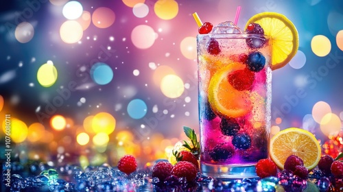 A colorful cocktail in a tall glass with fresh lemon slices, berries, and bubbles, with party lights in the background.