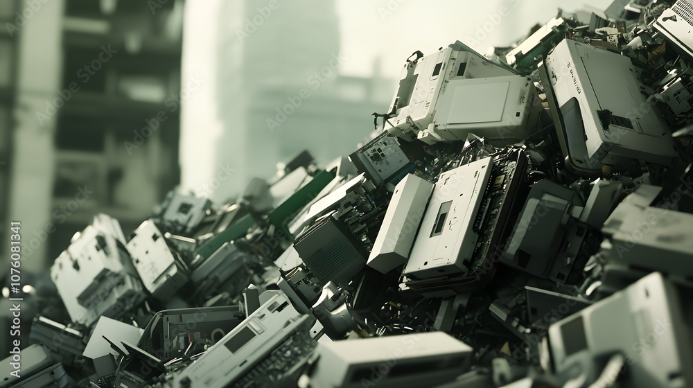 Electronic waste pile of discarded computer monitors, keyboards, and other electronic devices, symbolizing the growing issue of e-waste and the need for sustainable technology solutions.