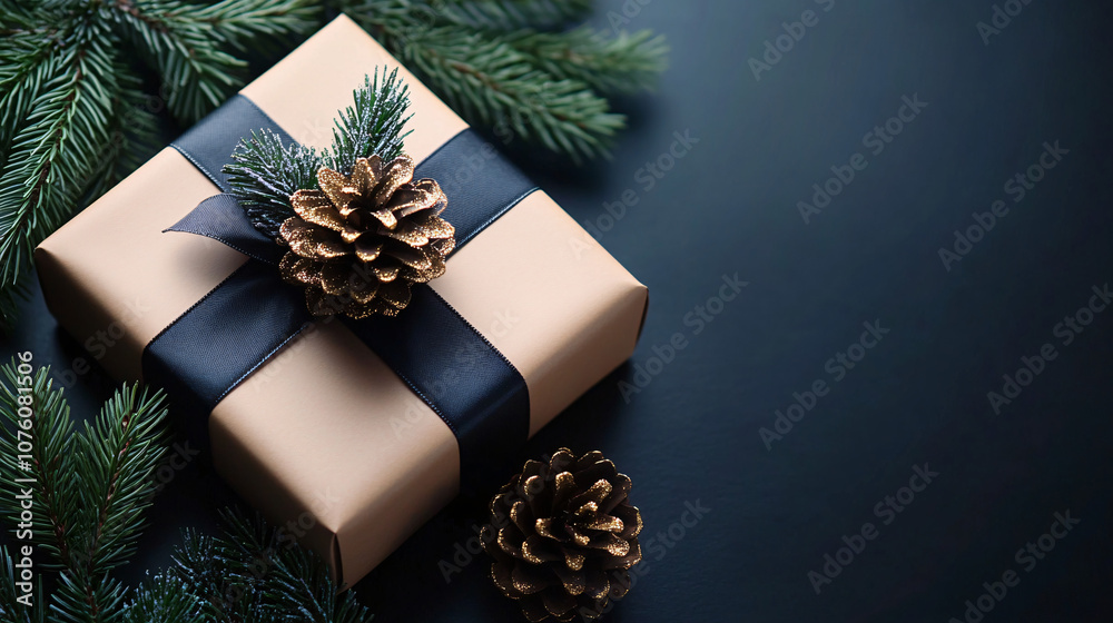 A beautifully wrapped gift box with an elegant ribbon and a glittering pinecone. The warm and inviting atmosphere makes it suitable for holiday themes. A beautifully wrapped gift box with an elegant ribbon and a glittering pinecone. The warm and inviting atmosphere makes it suitable for holiday themes.