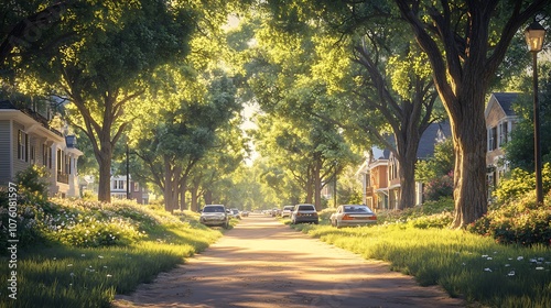 A serene, tree-lined dirt path through a village transitioning into a bustling urban road filled with cars and bright storefronts, rural tranquility juxtaposed with the rush of city life. --ar 16:9