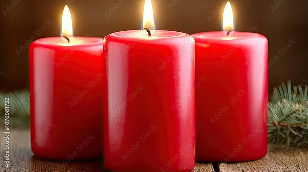 Three red candles are lit on a wooden table Three red candles are lit on a wooden table
