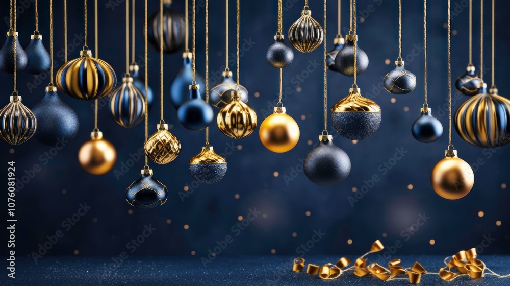 Obraz premium elegant christmas scene with navy blue background golden and blue glass ornaments suspended on delicate ribbons minimalist holiday composition8k photography,