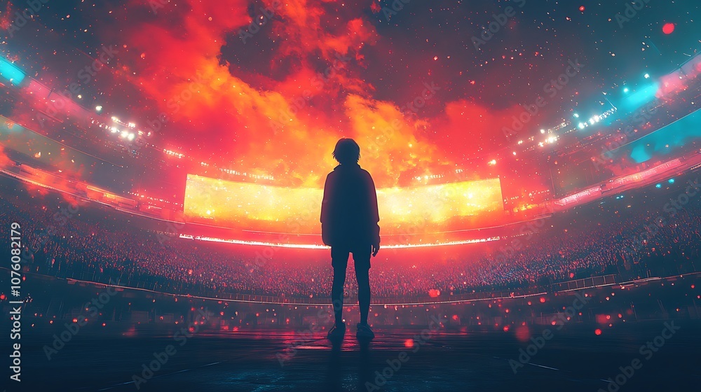 A solitary person standing on a quiet spot in a packed stadium, illuminated by a soft spotlight, while the crowd around them is caught in motion, cheering and vibrant colors in the background. A solitary person standing on a quiet spot in a packed stadium, illuminated by a soft spotlight, while the crowd around them is caught in motion, cheering and vibrant colors in the background.
