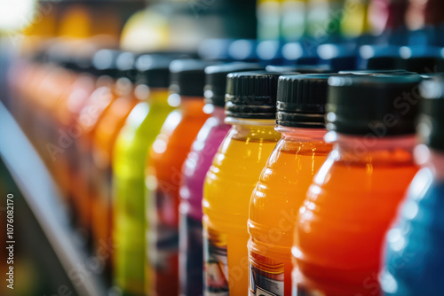 Row of colorful sports drinks in refrigerator