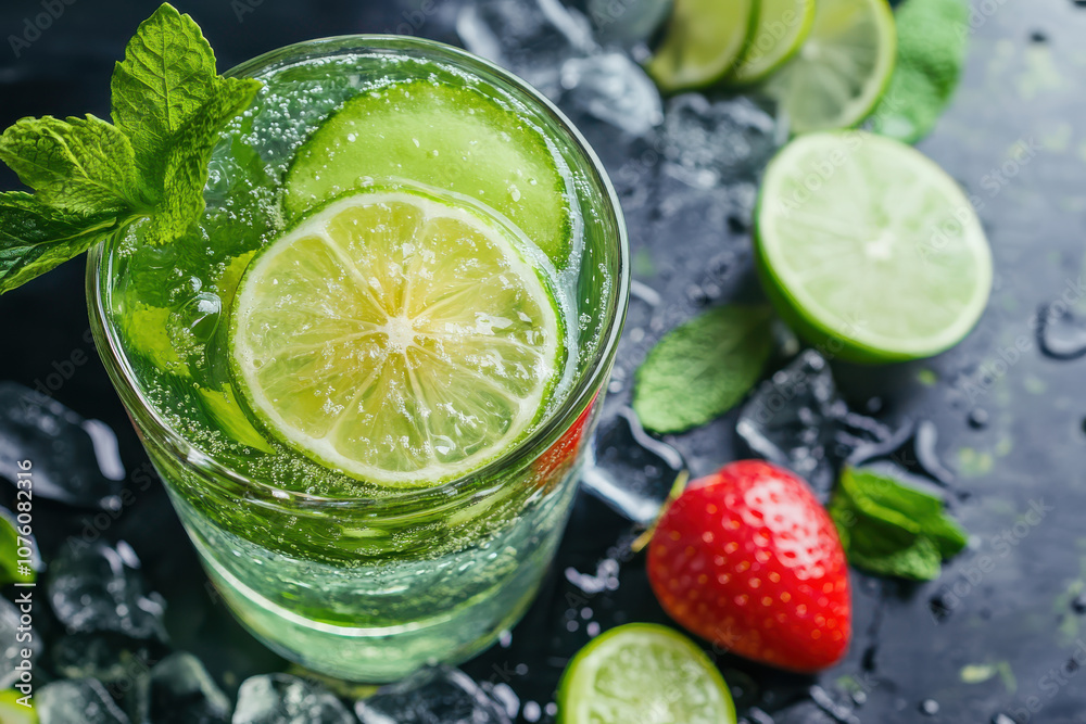 Refreshing summer drink with cucumber, lime and mint