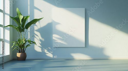 Picture frames on a white wall in a minimalist interior, Single picture mockup poster hanging in the middle of white wall,