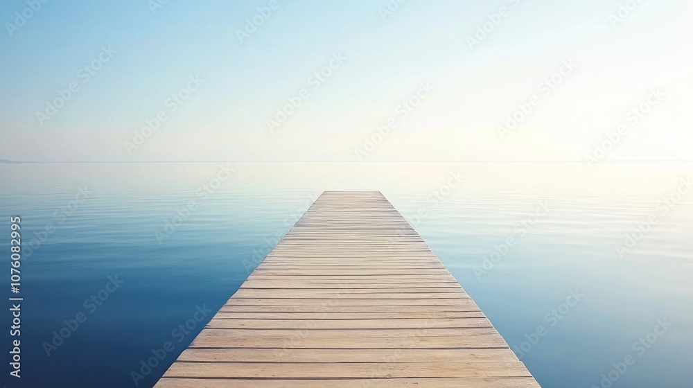 Fototapeta premium A serene wooden pier extends into calm waters under a clear sky.