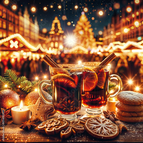 Two glasses of hot mulled spicy wine with cookies at a Christmas market illuminated at night in december photo