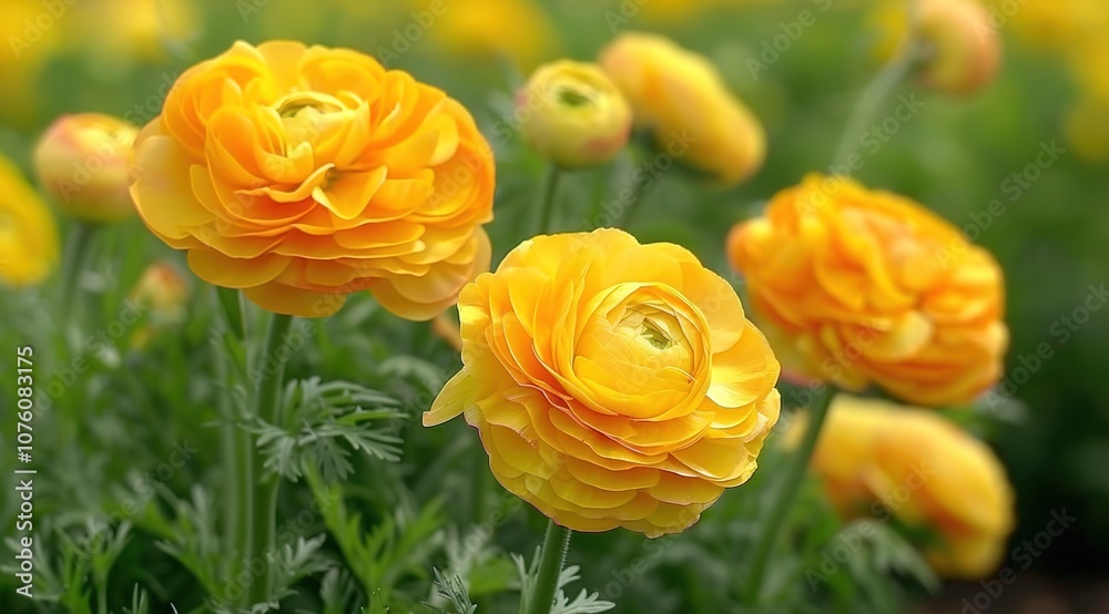 beautiful blooming yellow ranunculus flowers in the green field beautiful blooming yellow ranunculus flowers in the green field