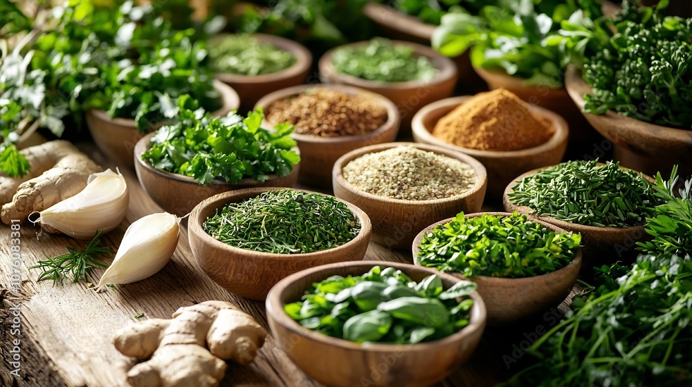Assorted Fresh Herbs and Spices in Bowls on Rustic Wooden Table Assorted Fresh Herbs and Spices in Bowls on Rustic Wooden Table