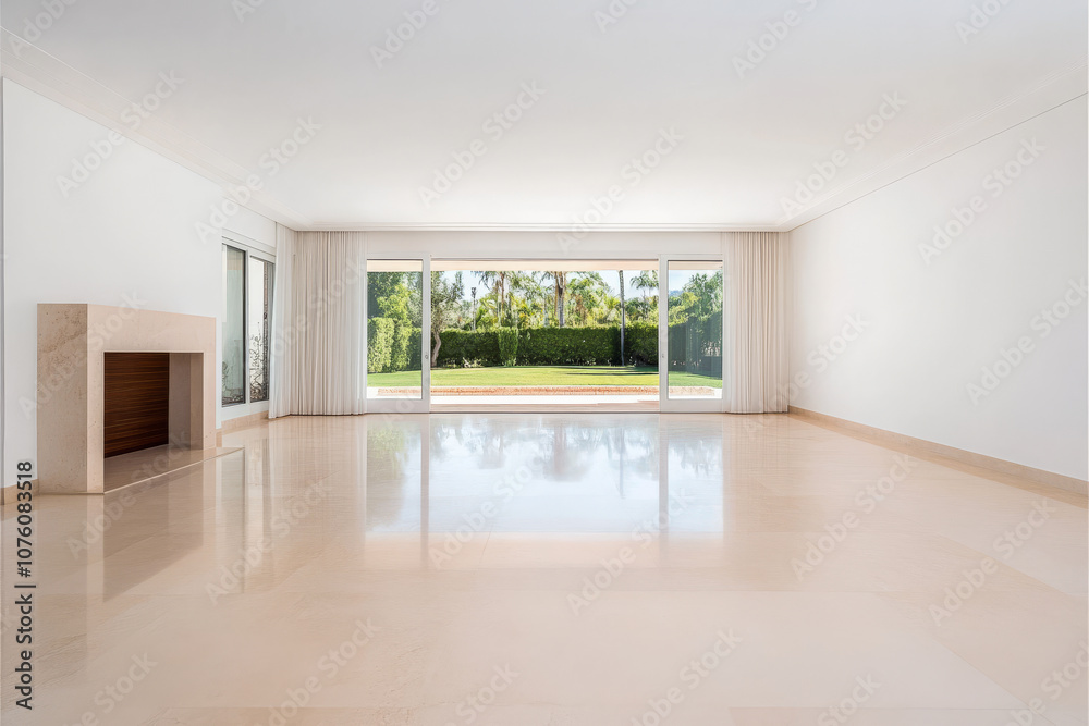Spacious modern living room with large windows overlooking a lush garden in bright daylight Spacious modern living room with large windows overlooking a lush garden in bright daylight