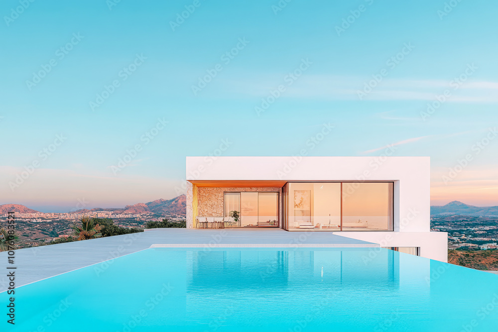 Fototapeta premium Modern luxury villa with infinity pool and stunning sunset view over the mountains