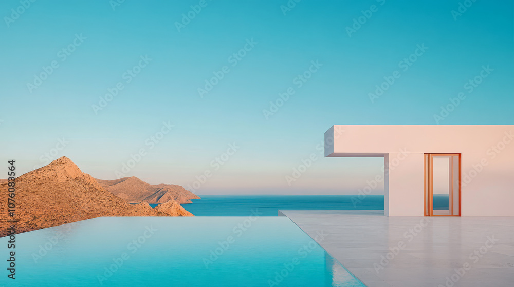 Contemporary architecture with infinity pool overlooking ocean during sunset in a coastal setting Contemporary architecture with infinity pool overlooking ocean during sunset in a coastal setting