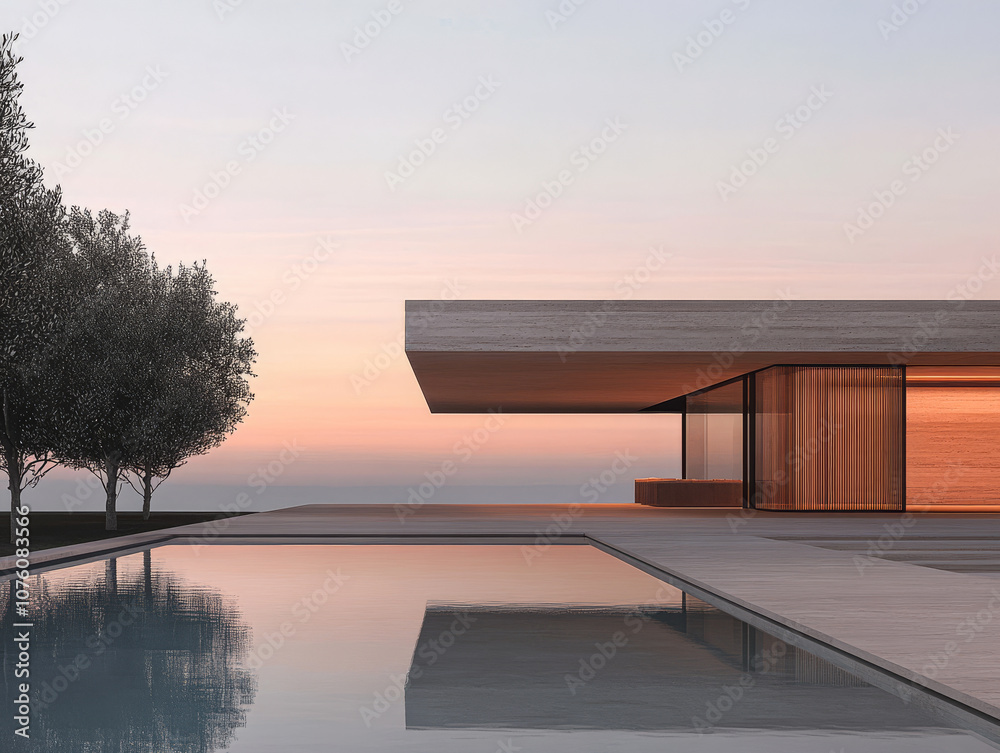 Modern architectural design of a serene villa at sunset near a reflective pool Modern architectural design of a serene villa at sunset near a reflective pool