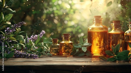 Rustic Table with Glowing Bottles of Natural Essential Oils and Botanical Leaves Symbolizing Aromatherapy and Wellness Concept