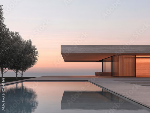 Modern architectural design of a serene villa at sunset near a reflective pool