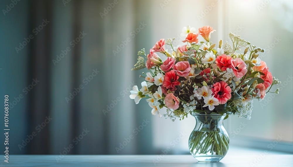 Beautiful bouquet of fresh flowers in vase on table near white wall Beautiful bouquet of fresh flowers in vase on table near white wall
