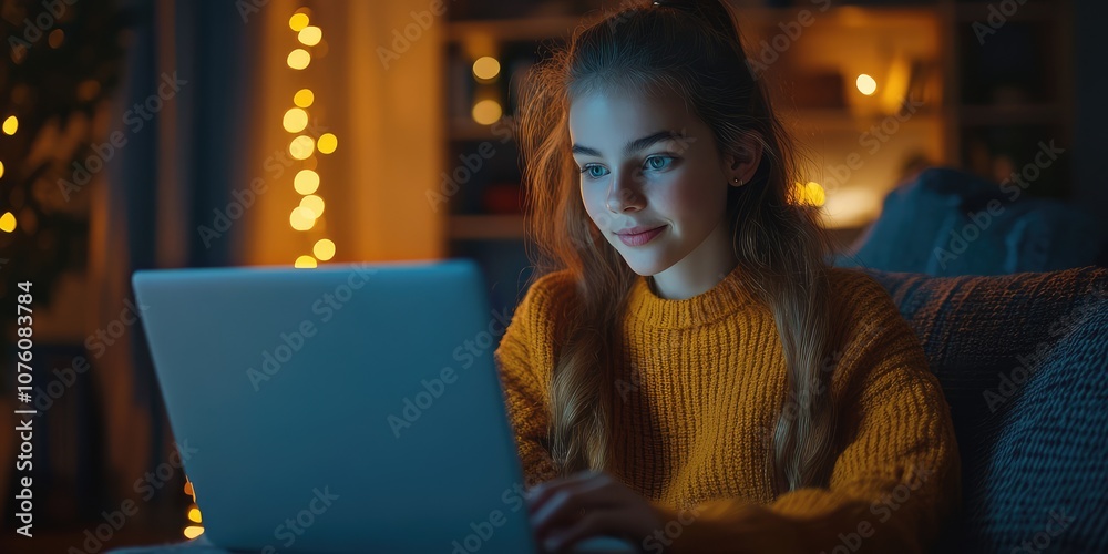 Obraz premium E-learning, Classroom, Online Education, Focused Student Learning Online with Laptop