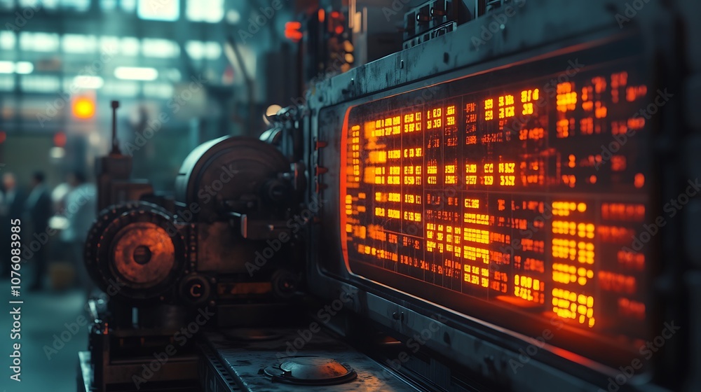 Obraz premium A vibrant digital stock market display next to an old-fashioned ticker tape machine, colorful screens glowing against the muted, worn metal of the analog device, bustling office background. --ar 16:9