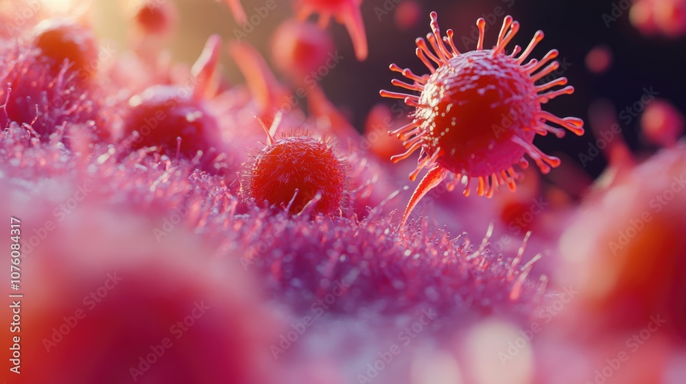 Close-up of a 3D model showing blood cells under attack by viruses in the human bloodstream. Close-up of a 3D model showing blood cells under attack by viruses in the human bloodstream.