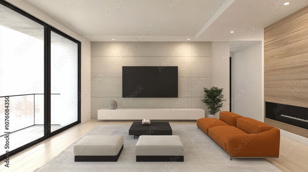 Fototapeta premium Modern living room with a sleek TV and stylish furniture arrangement