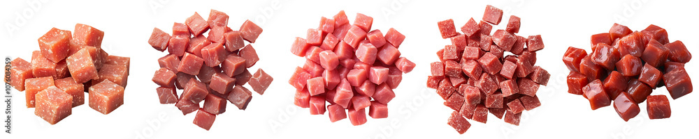 Set of a pile of raw meat cubes, isolated on a transparent background. Set of a pile of raw meat cubes, isolated on a transparent background.