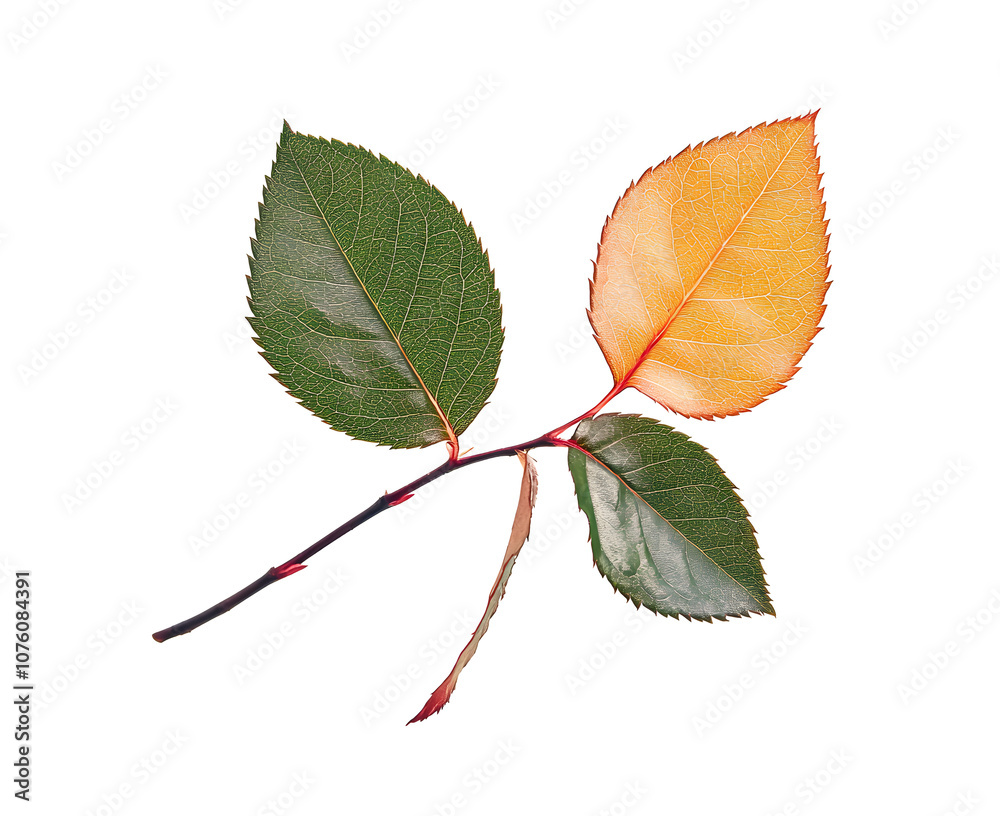 Fototapeta premium A rose leaf twig with three leaves isolated against a flat background.