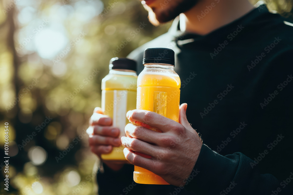 Man holding two bottles of sports drink in forest, looking refreshed and energetic