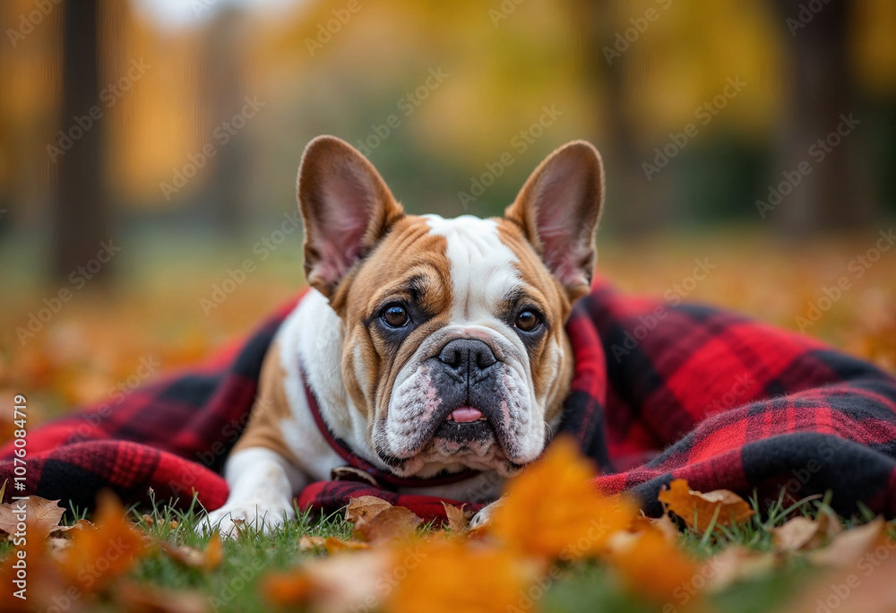 Adorable Bulldog Resting on a Plaid Blanket in Autumn Leaves Adorable Bulldog Resting on a Plaid Blanket in Autumn Leaves