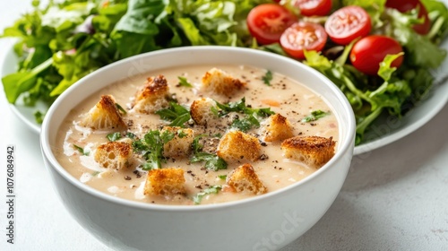 A bowl of creamy soup with croutons and parsley, served with a side salad of lettuce and cherry tomatoes.