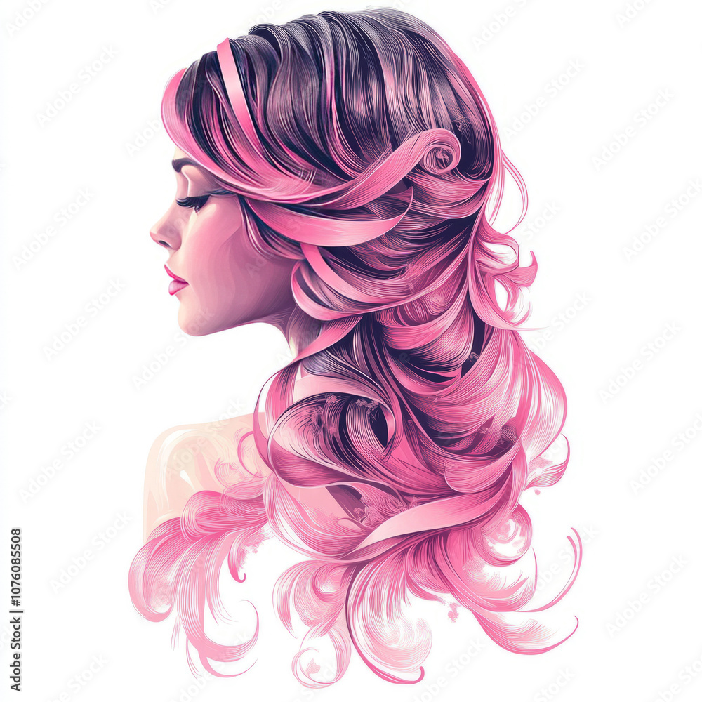A pink ribbon in the shape of a woman's hair, a vector logo design for cancer awareness on a white background. A pink ribbon in the shape of a woman's hair, a vector logo design for cancer awareness on a white background.