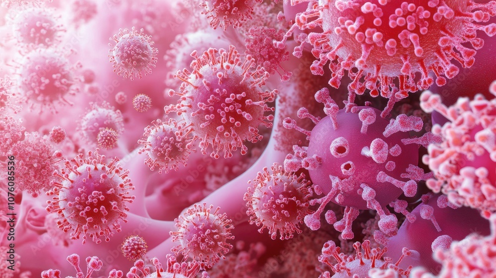 Detailed 3D microscopic view of a virus interacting with antibodies, showcasing immune response at cellular level. Detailed 3D microscopic view of a virus interacting with antibodies, showcasing immune response at cellular level.