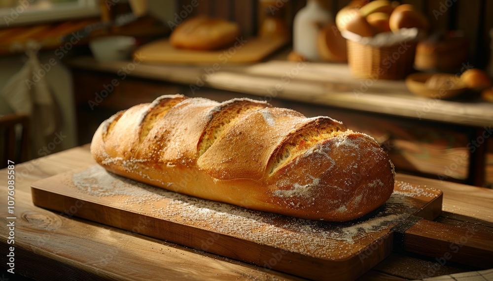 A freshly baked loaf of bread sits on a wooden cutting board, dusted with flour. A freshly baked loaf of bread sits on a wooden cutting board, dusted with flour.