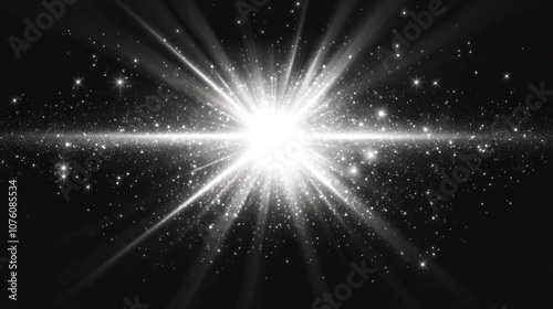 A bright white starburst with a white horizontal line and scattered white dots on a black background.