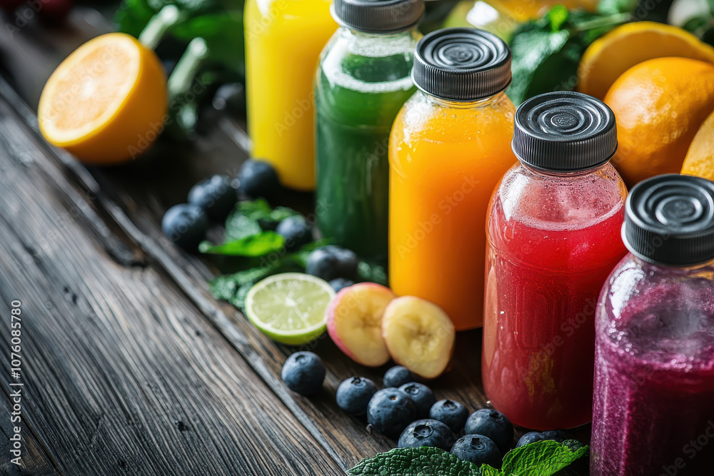 Colorful fruit and vegetable juices in glass bottles on wooden table Colorful fruit and vegetable juices in glass bottles on wooden table