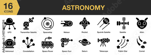 Astronomy solid icon set. Includes ufo, satellite, telescope, sputnik satellite, spaceship, and More. Solid icons vector collection.