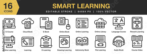 Smart Learning icon set. Editable Stroke Icon Collection. Includes astronomy book, audio, course, cloud, drawing learning, and More. Outline icons vector collection.